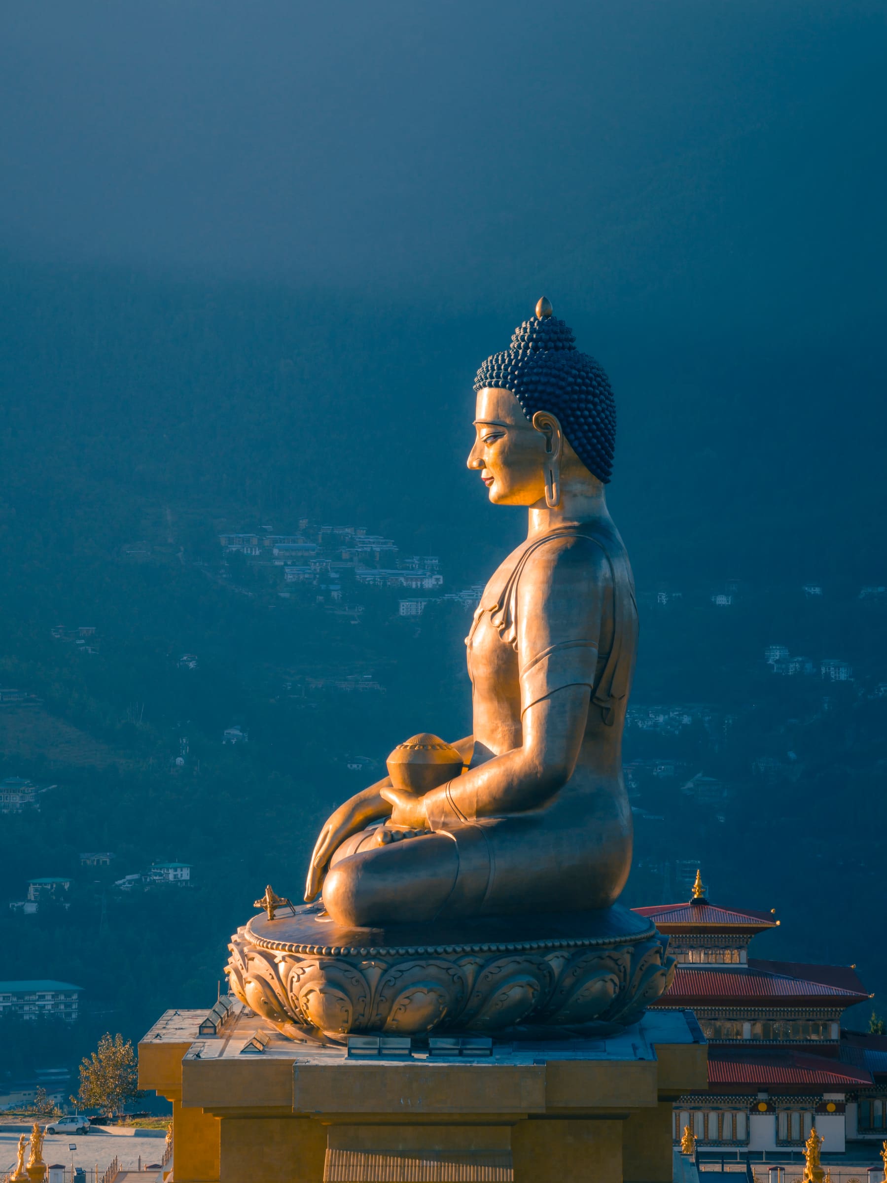 Buddha Dordenma and Bhutanese valley landscape